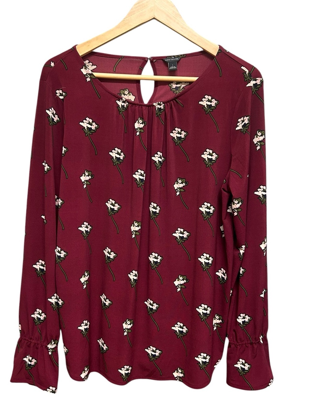 Ann Taylor Wine Color Pink Floral Stretchy Career Blouse Size L